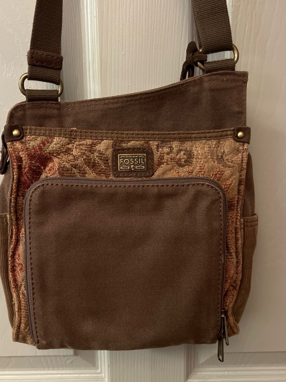 Vintage Y2K Fossil Brown Tapestry Canvas Crossbody Bag